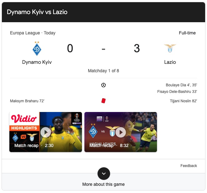 Skor Akhir Dynamo Kiev vs Lazio